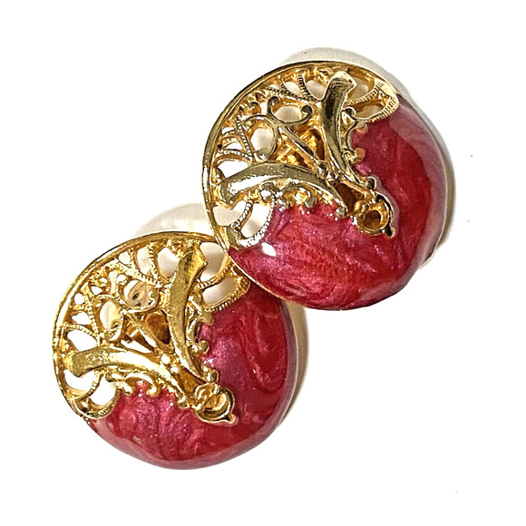 Vintage Clip On Earrings Classic 1980s Boss Lady Gold Filigree Pink Enamel Round - Picture 4 of 7